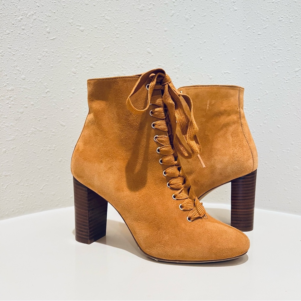 Sezane Alicia Suede Tan Heel Almond Toe Booties Size 37 NEW